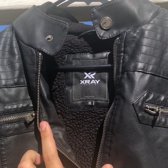 Mens X Ray Leather Jacket Bomber/Hooded Detachable Zipper Hood Medium - Picture 3 of 4